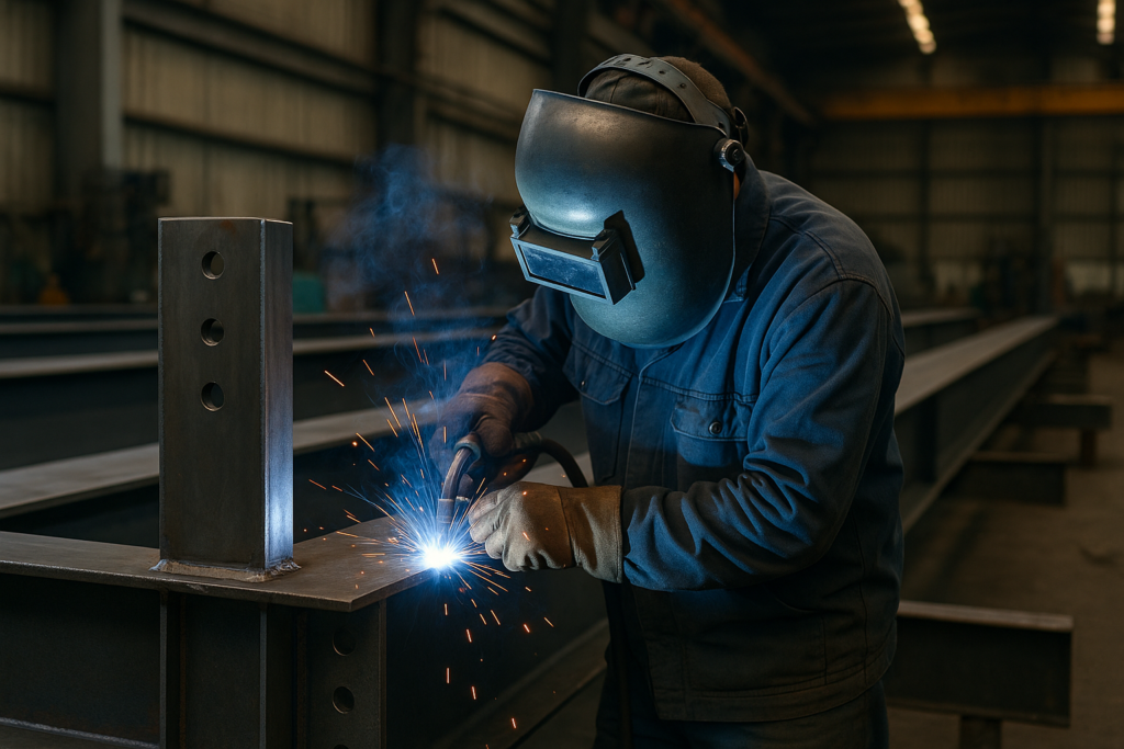 Welder in protective gear performing welding on structural steel beams in a fabrication workshop, illustrating the role of welding in architectural and structural steel fabrication.