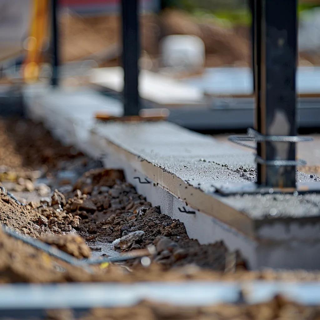 Preparing a concrete slab foundation for a metal building, showing excavation and reinforcement work