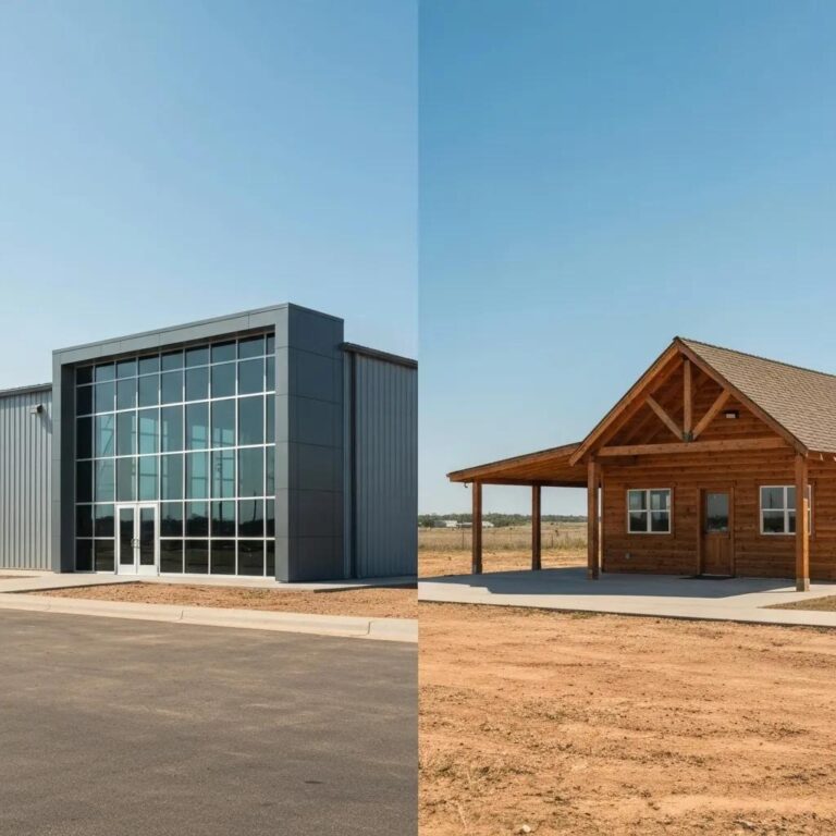 Comparison of a modern steel building and a traditional wooden structure in Oklahoma's landscape