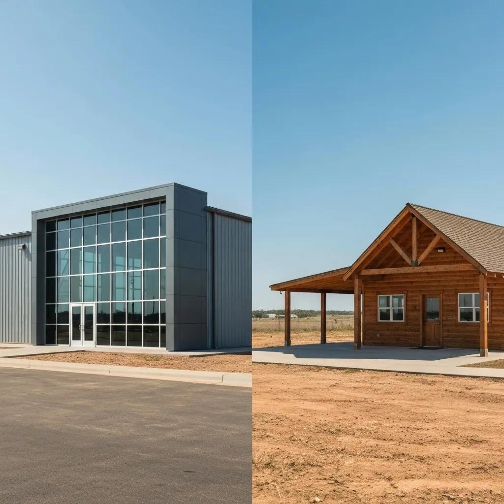 Comparison of a modern steel building and a traditional wooden structure in Oklahoma's landscape