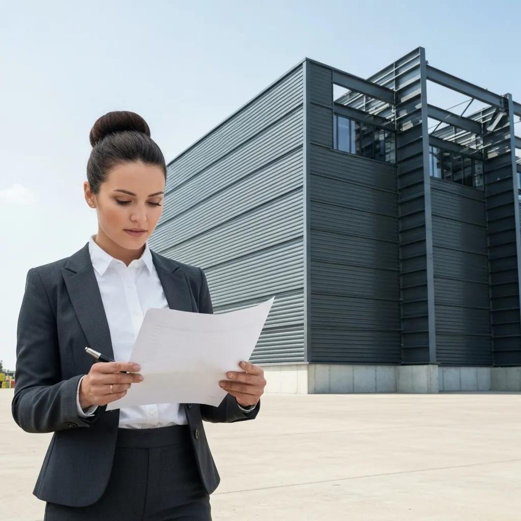 A business owner reviewing financial benefits of steel buildings in front of a modern steel structure.