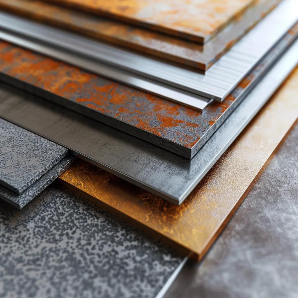 Close-up of different metal sheets highlighting properties like corrosion resistance and tensile strength, demonstrating material integrity