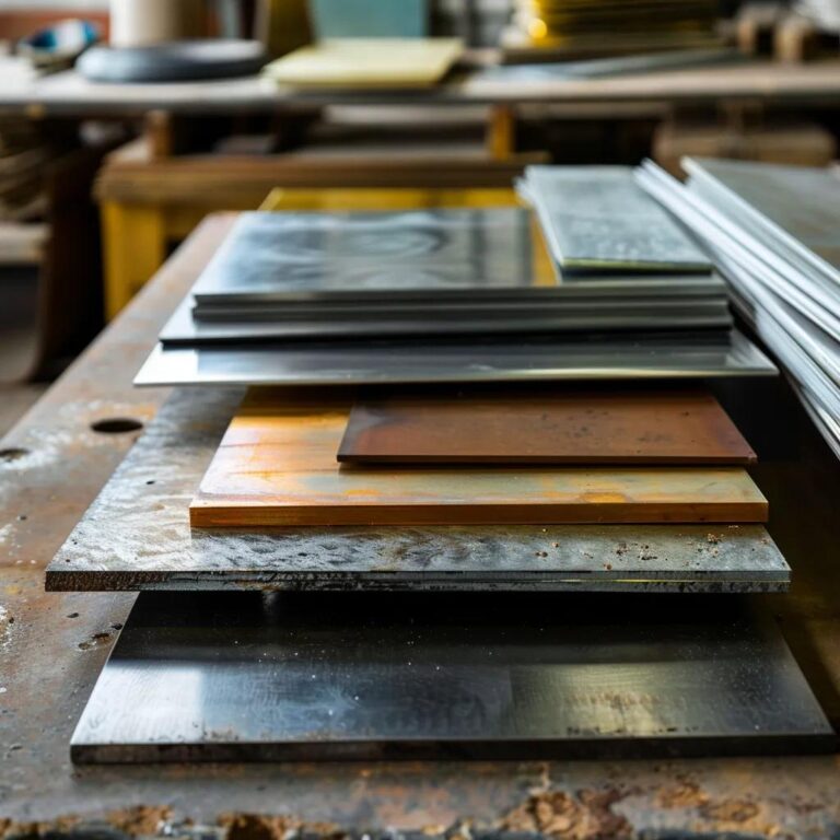 Various types of metal sheets in a workshop setting, showcasing steel, aluminum, copper, and zinc