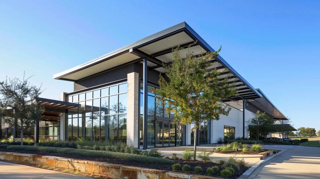 A modern custom-designed steel office building in Oklahoma City, with architectural canopies and awnings.