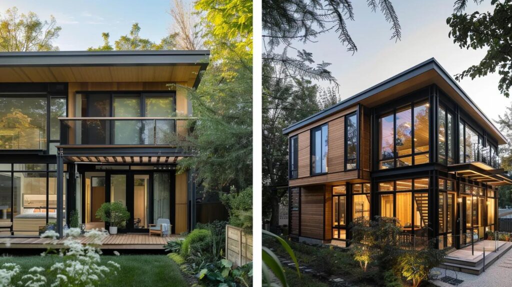 A side-by-side style visual: one showing quick prefab assembly, another showing custom steel framing over months.