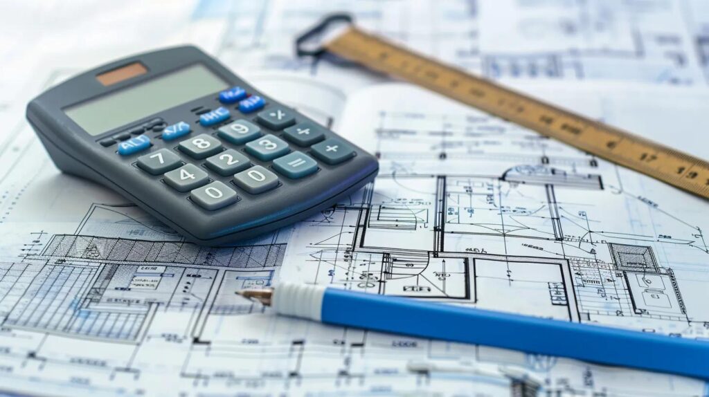A clean, professional image of a blueprint or a digital architectural rendering with a measuring tape and a calculator laid out neatly on top. The background should be a subtle, non-distracting image of a metal building frame.