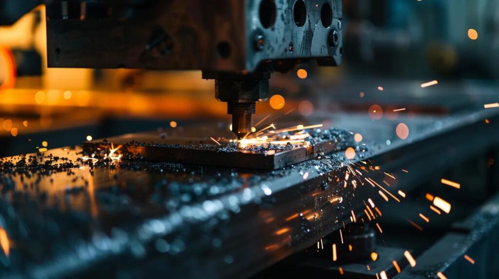 A close-up, high-definition shot inside a bustling metal fabrication shop. The image should feature a sheet metal fabrication professional carefully guiding a piece of metal through an industrial press brake, with sparks subtly flying. The focus is on the precision and technology of the process.