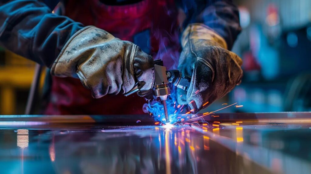 A detailed close-up shot of a welder's hands in safety gloves, expertly using a TIG torch on a shiny piece of stainless steel. The focus should be on the clean, precise weld being created, with the blue and purple hues of the heated metal clearly visible.