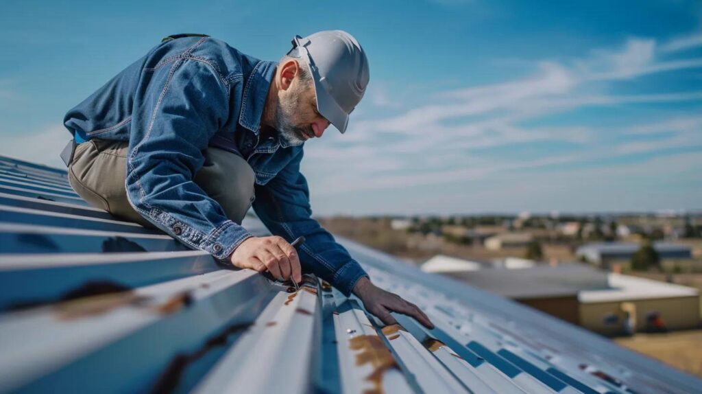 An impactful image showing a professional roofing contractor on a metal roof, pointing to a small area of rust or a loose fastener. The shot should be from a slightly high angle, with a view of the Oklahoma City landscape in the distance. The contractor's expression is one of knowledgeable concern and readiness to fix the issue.