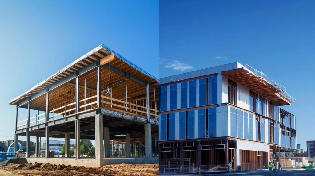 A split-screen image. On one side, a traditional wood-framed building under construction appears fragile and temporary. On the other, a sleek, strong, and modern metal building is shown fully erected against a clear blue sky, symbolizing durability and a lasting investment.