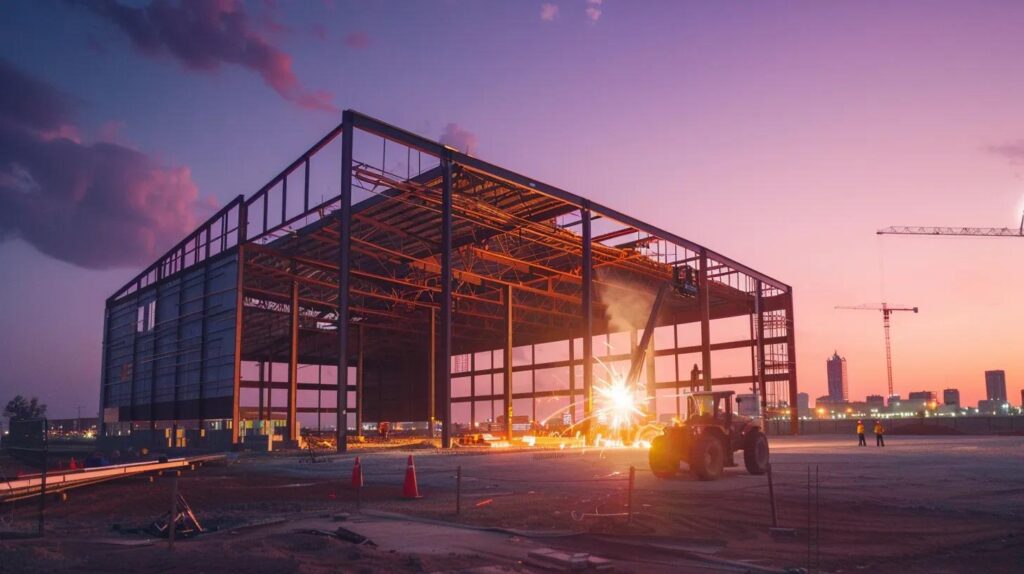 A dynamic, wide-angle shot of a modern metal building under construction at dusk in Oklahoma City. The image should feature a clean, professional-looking construction team in hard hats and safety vests, with a bright arc from a welding machine illuminating the scene. The Oklahoma City skyline should be visible in the background, subtly blurred. The overall feel is one of progress, expertise, and precision.