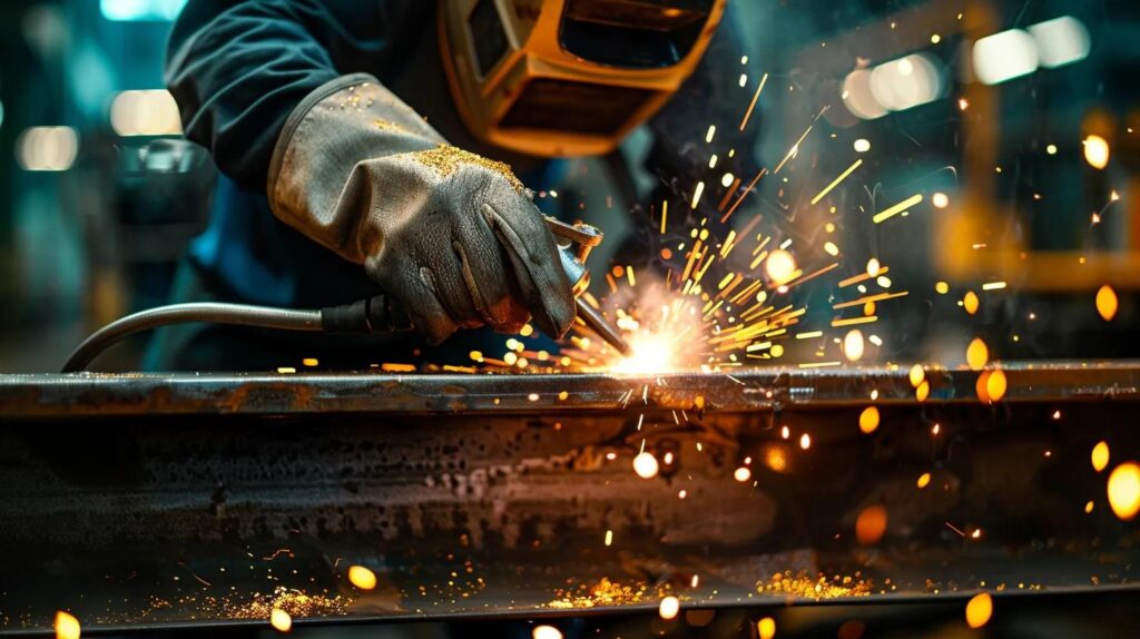 A close-up action shot of a skilled welder, wearing a welding helmet and heavy-duty gloves, performing a clean on-site weld on a structural steel beam. The bright, controlled spark of the weld is the central focus, illuminating the surrounding metal. The background is slightly blurred to emphasize the welder's precision and skill.