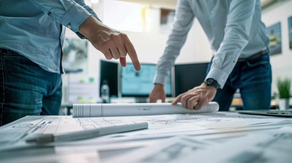 A professional and clean photo of two people—a client and a Metal Contractors team member—looking over a set of detailed blueprints on a large drafting table. They are pointing to a specific section on the plans, and in the background, you can see a computer screen with 3D renderings of the building. The mood is collaborative and focused.