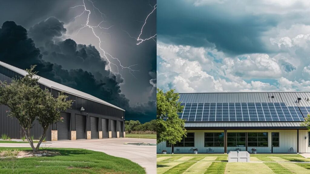A split image. On one side, show a modern, aesthetically pleasing commercial metal building with a backdrop of a severe Oklahoma storm (dark clouds, but no rain yet), to convey durability. On the other side, show a different metal building with solar panels on the roof, and a green, leafy tree in the foreground to convey energy efficiency and sustainability.