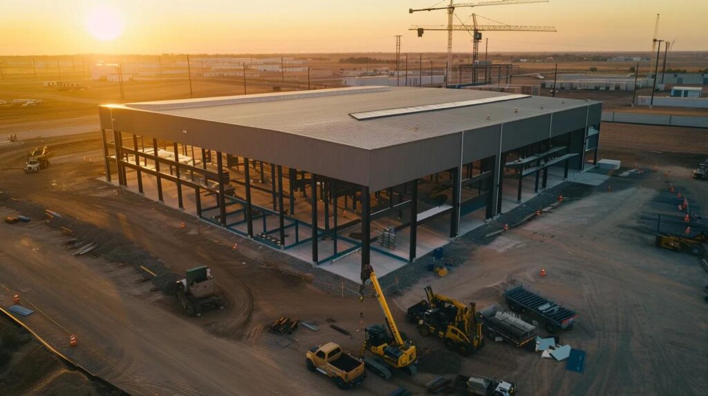 A wide, cinematic shot of a modern, sleek commercial metal building in the final stages of construction in Oklahoma City. The sun is setting, casting a warm glow on the building's gray and dark metal exterior. A few cranes and construction vehicles are visible in the background, but the focus is on the clean lines and impressive scale of the finished structure. In the foreground, a team of professional welders, wearing hard hats and safety gear, are completing a final piece of a structural steel frame.
