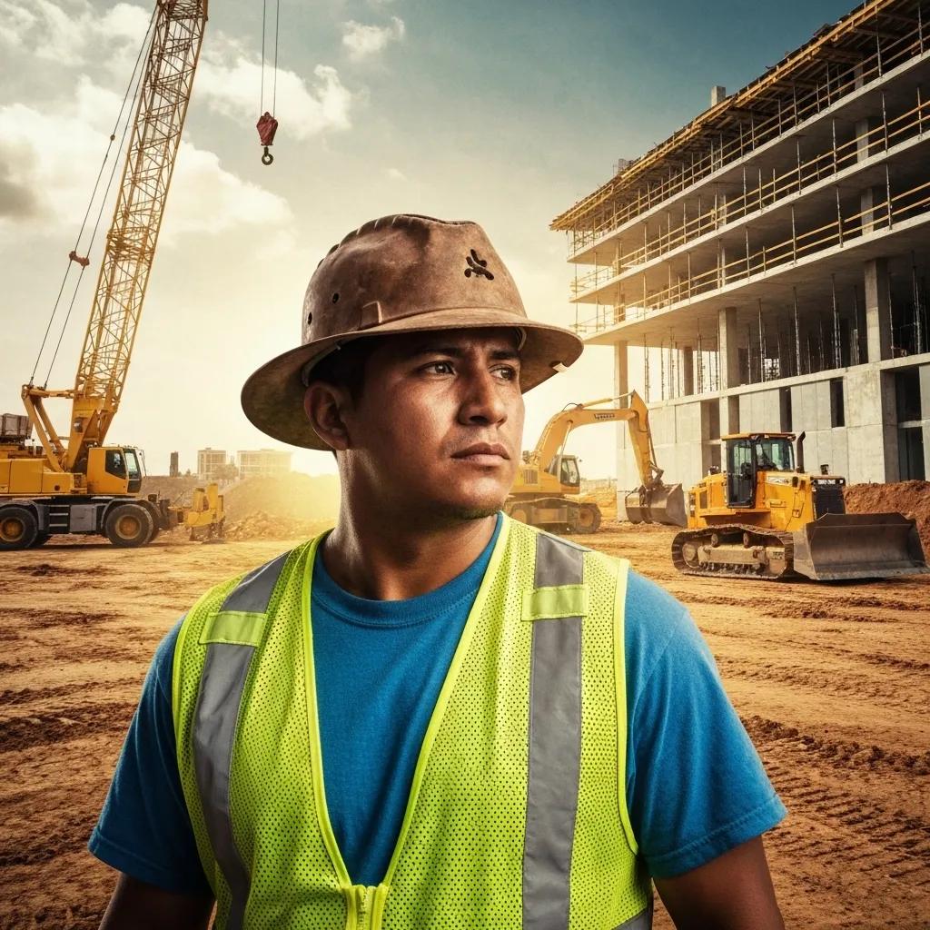Construction site featuring metal building kits, displaying materials and tools