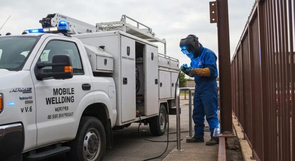 A photo of a fully equipped mobile welding company truck (like a utility body pickup) parked at a commercial job site (e.g., next to a fence or a structural beam). A certified welder in full protective gear (hood down, blue/yellow light flare) is performing an on site welding repair on a hand rail. The scene should convey expertise, urgency, and the convenience of a professional service coming directly to the client.