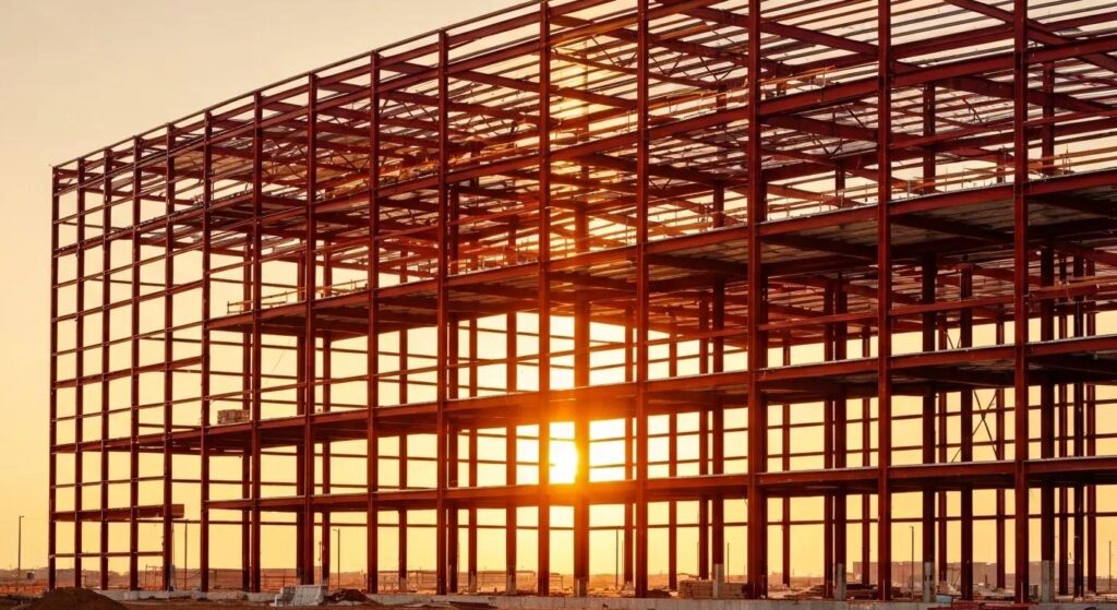 A professional, slightly wide-angle photo of a massive, modern commercial metal building under construction in Oklahoma City. The golden hour light reflects off the newly erected structural steel skeleton (red iron).