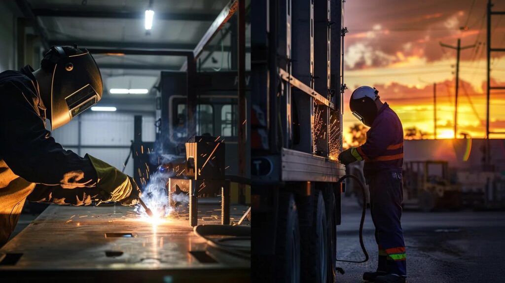 A split-screen image. The left side shows a certified welder wearing safety gear performing precision TIG welding on a complex, small stainless steel part inside a clean, well-lit metal fabrication shop. The right side shows a rugged mobile welding truck parked on a construction site, with a worker performing an on-site structural repair on a large steel railing outdoors at sunset.