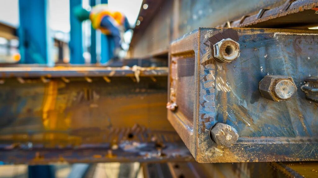 An industrial, close-up photograph of two massive structural steel I-beams being bolted together on a high-rise construction site in Oklahoma City. The focus is sharp on the heavy bolts and the rigid connection, with a certified welder in the background inspecting the joint. Tonal qualities should emphasize strength and stability.