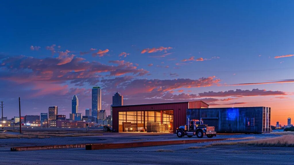 A cinematic, wide-angle shot of the Oklahoma City skyline at dusk, partially obscured by a detailed foreground featuring three distinct objects: a large, partially-erected structural steel beam (red-primed), a sleek piece of finished custom stainless steel architectural metalwork (like a modern railing section), and a fully equipped mobile welding truck parked with its side door open, illuminated by a brilliant blue arc of welding light. The overall mood is professional, high-quality construction, representing the convergence of structural, custom, and mobile services.