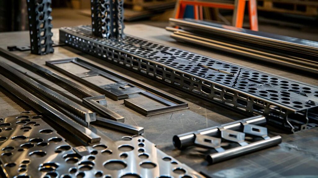 A high-definition, artistic photo showcasing various custom-fabricated metal objects: a complex piece of laser-cut sheet metal, a shiny section of custom stainless steel railing, and a section of industrial carbon steel framework, laid out cleanly on a workbench