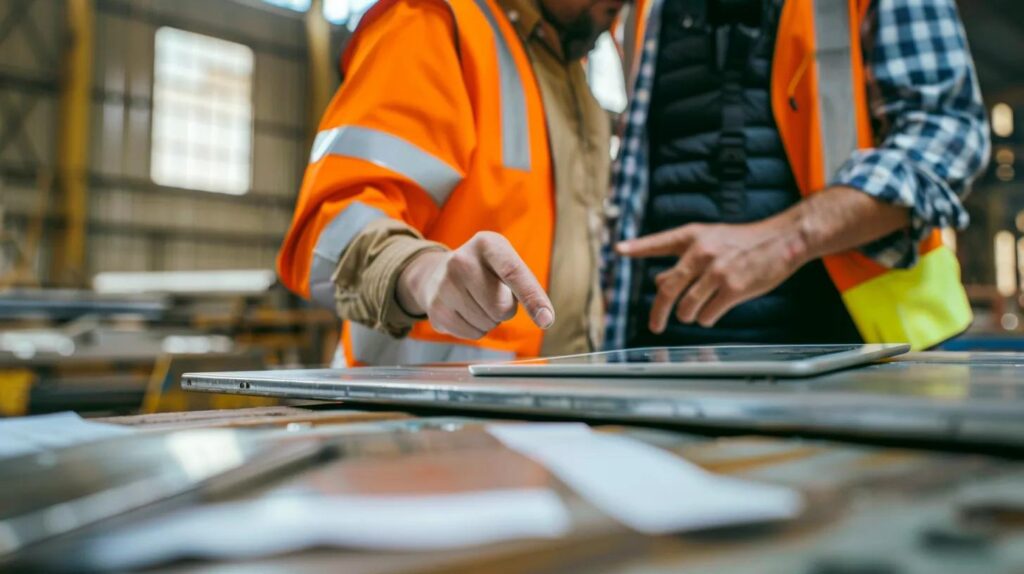 A close-up, high-quality photograph of a project manager (wearing a hard hat and safety vest) pointing to a line item on a tablet screen, consulting with a client, with a precision fabricated metal part resting on a nearby table, symbolizing clear consultation and expertise.