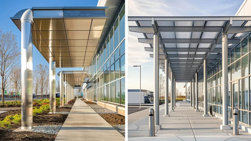 A split image showing two different specialized metal elements. On one side, a sleek, newly installed metal bollard protecting a walkway outside a commercial building. On the other side, a customized, geometrically complex architectural metal awning or canopy, showcasing both security and aesthetic fabrication.