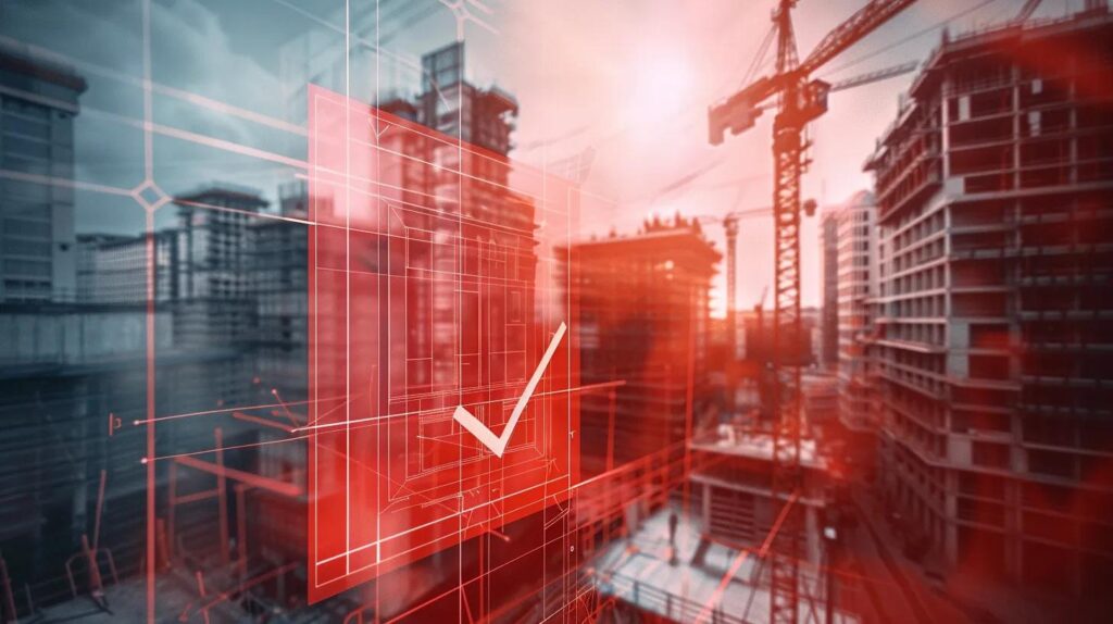 A detailed architectural blueprint overlaid with a red checklist mark. In the background, a large structural steel column is being hoisted by a crane on a busy but organized construction site, emphasizing the complexity and risk involved.