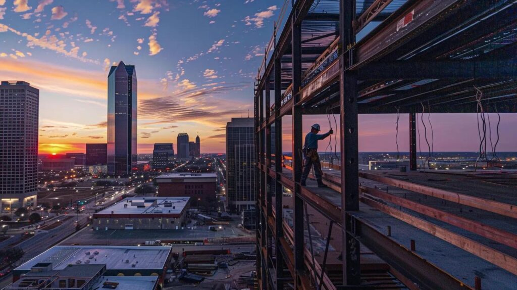 Cinematic, wide-angle shot of the Oklahoma City skyline at dusk. In the foreground, a highly detailed, sharp rendering of a structural steel beam, partially installed on a commercial building frame. A certified welder, wearing full PPE, stands confidently near the beam, giving a thumbs-up.