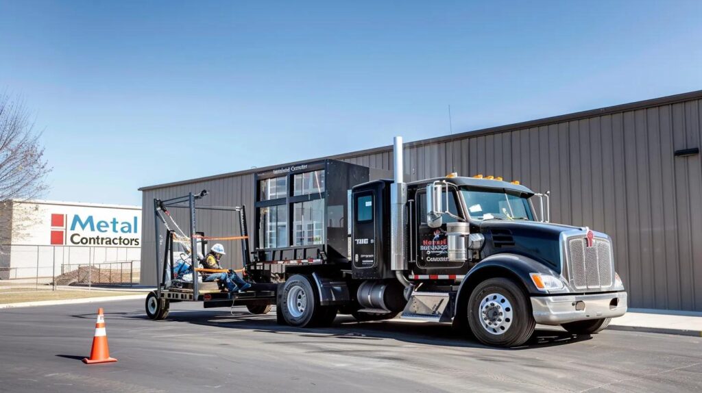 A clear photograph of a custom-branded "Metal Contractors" heavy-duty service truck parked at a commercial job site (e.g., a warehouse exterior). A professional welder is working on an exterior metal component or a gate with a portable welding rig. The scene should convey immediate, reliable service with safety cones visible.