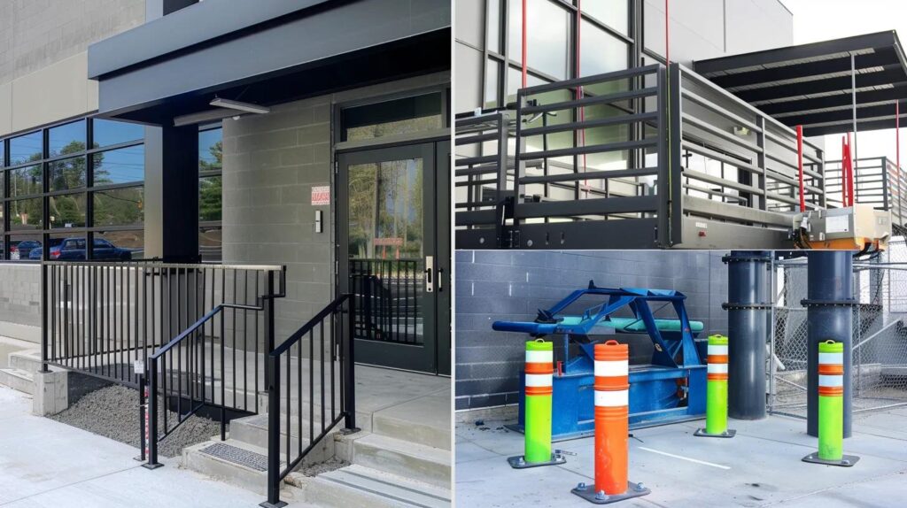 A visually striking collage showing different applications of custom metal fabrication. One corner should feature a modern, decorative metal handrail or railing installation. Another corner should show a multi-level industrial mezzanine floor structure. A third element should be a heavy-duty, brightly colored security bollard being installed in concrete near a commercial entrance.