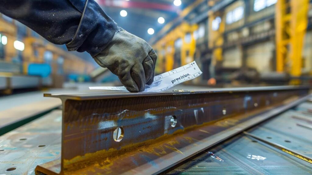 A close-up, sharp photograph inside a large, clean metal fabrication shop. Focus on a massive wide-flange steel beam on a workbench. A hand wearing a work glove is holding a CAD blueprint or a high-precision measuring tool (like a caliper) against the steel, emphasizing "precision." Show a CNC plasma cutter or press brake in the slightly blurred background.