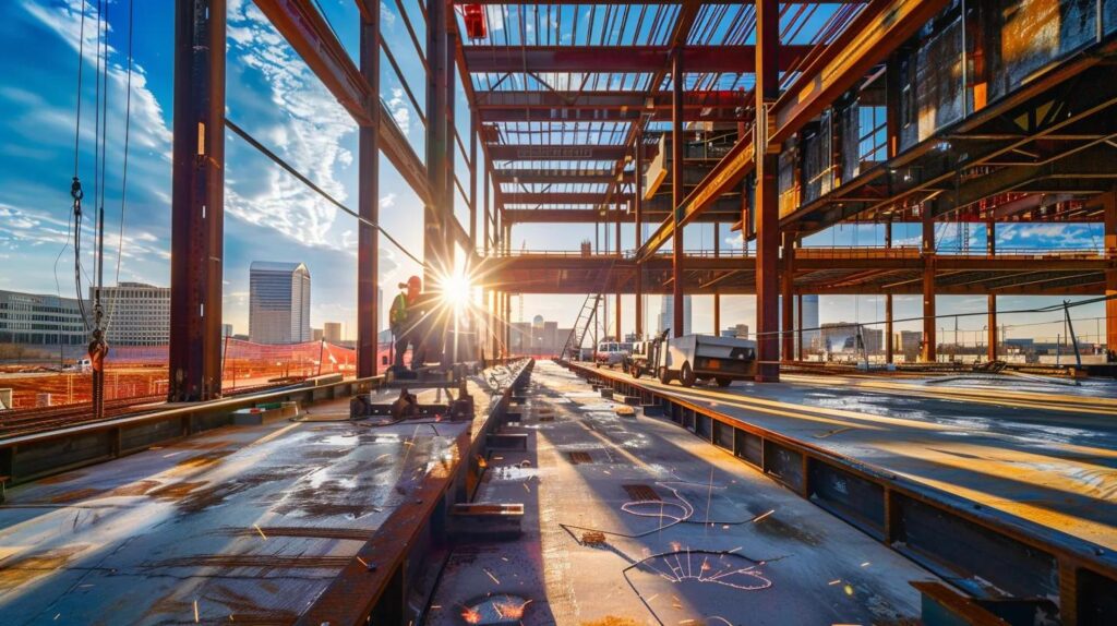 A high-contrast, professional wide-angle photograph of a massive, modern structural steel framework (red or gray I-beams) dominating the foreground of a commercial construction site. In the background, a recognizable, slightly blurred Oklahoma City skyline (with visible landmarks like the Devon Tower) is visible through the steel. A certified, helmeted welder is visible in the middle ground, using a mobile welding unit on a piece of steel, with sparks flying subtly. The overall mood should convey scale, precision, and local expertise.