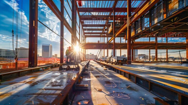 A high-contrast, professional wide-angle photograph of a massive, modern structural steel framework (red or gray I-beams) dominating the foreground of a commercial construction site. In the background, a recognizable, slightly blurred Oklahoma City skyline (with visible landmarks like the Devon Tower) is visible through the steel. A certified, helmeted welder is visible in the middle ground, using a mobile welding unit on a piece of steel, with sparks flying subtly. The overall mood should convey scale, precision, and local expertise.