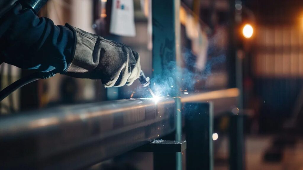 A close-up, low-light shot of a welder's gloved hands holding a torch, with bright arc light reflecting off a perfectly smooth weld bead on a structural steel column. In the background, subtly blurred, are framed certifications (AISC, AWS logos) hanging on a shop wall, emphasizing quality and certified workmanship.