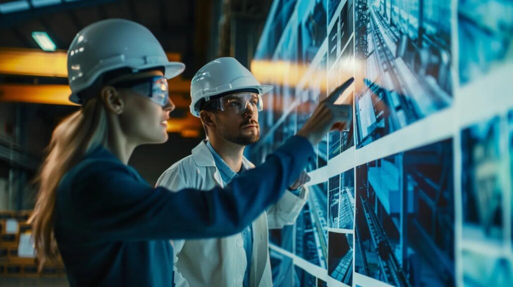 A professional engineer (PE, male or female) in a hard hat is pointing confidently at a large, detailed blueprint of a commercial building, while a project manager looks on, nodding. Behind them, a gallery wall displays large, high-quality photographs of completed structural steel projects in diverse settings (warehouse, stadium, office complex). The overall mood is consultative and experienced.