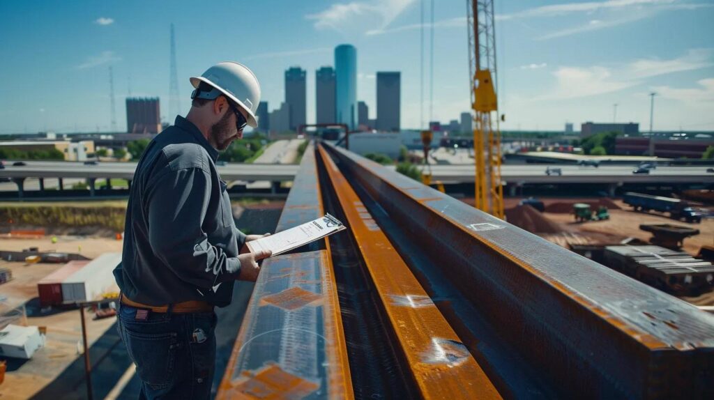 A high-angle, cinematic photograph of a clean construction site in a modern Oklahoma City setting (with a slightly blurred OKC skyline in the distance). The foreground features a Certified Welding Inspector (CWI, wearing a hard hat with a 'Metal Contractors' logo) standing next to a massive, finished structural steel beam. The inspector is holding a checklist and a clipboard, pointing toward a clear, quality weld on the steel. The atmosphere should be clean, professional, and convey expertise and authority.