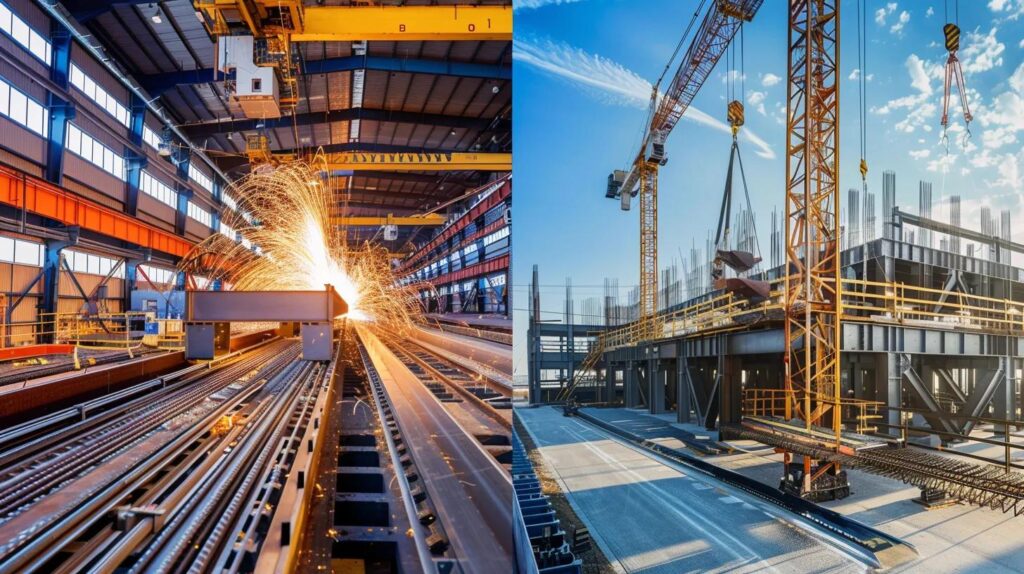 A side-by-side split image. On the left: a bright, modern metal fabrication shop floor showing a CNC plasma cutter precisely slicing a large sheet of steel. On the right: the same steel component being erected on a sunny OKC construction site via a large crane. The image emphasizes the seamless flow from shop precision to on-site assembly.