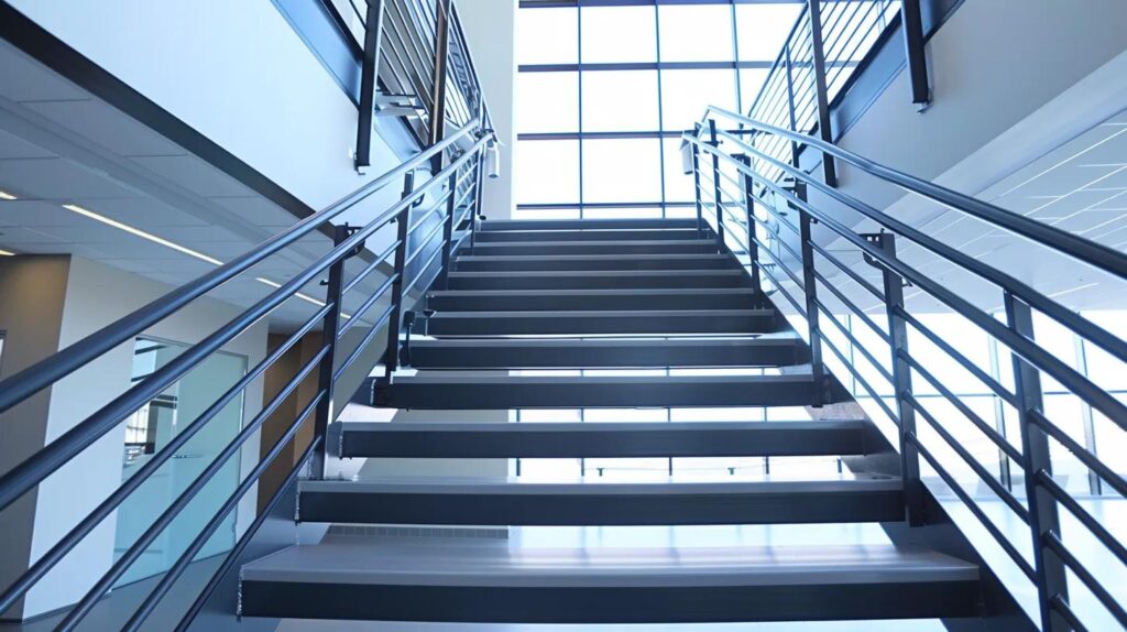A clean, professional image showcasing a completed architectural metal installation, specifically a sleek, modern commercial staircase with a custom, meticulously fabricated steel railing. The focus is on the flawless finish and high-end craftsmanship.