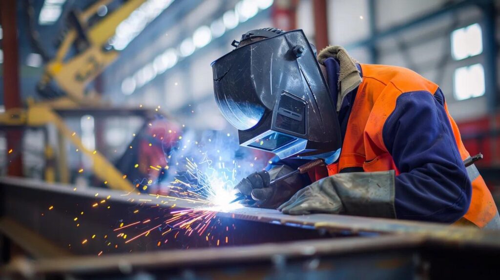 A close-up photograph of a certified welder (in clean, modern safety gear and a helmet) performing a critical weld on a structural steel beam on an outdoor job site. A second worker in a high-visibility vest is performing a visual or NDT inspection nearby. The photo should emphasize professionalism, safety, and certification.