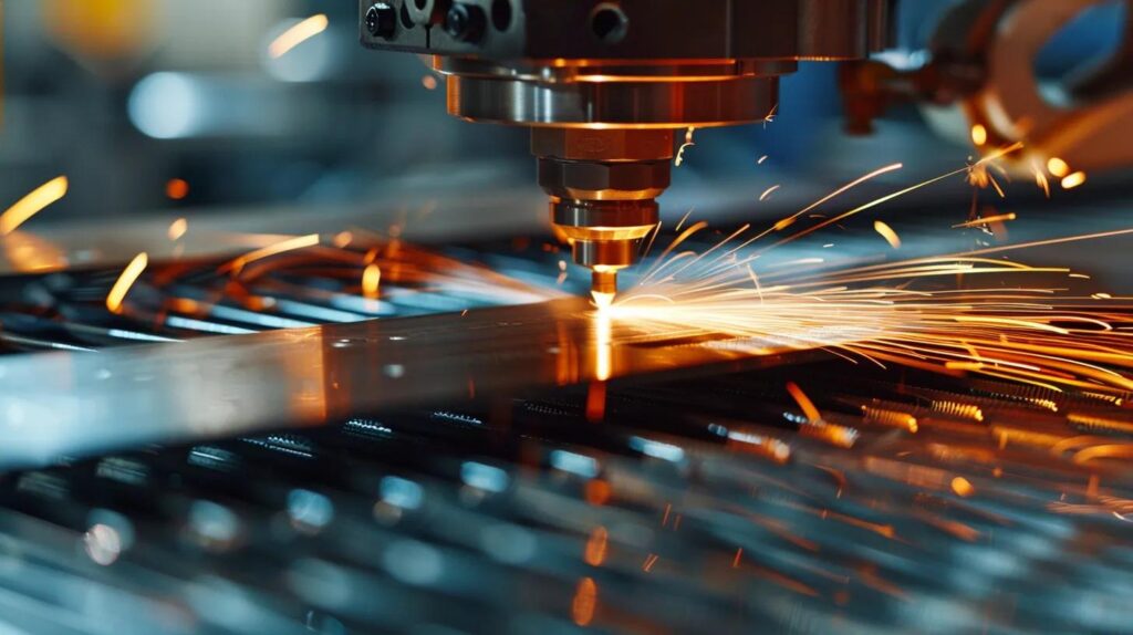 A photograph inside a bright, modern, well-organized metal fabrication shop. The main focus is on a powerful, high-definition CNC laser or plasma cutting machine in the process of cutting a large steel plate, emitting a clean, bright, precise line of light. The image should highlight technology and precision. Keywords: metal fabrication shop near me, precision.