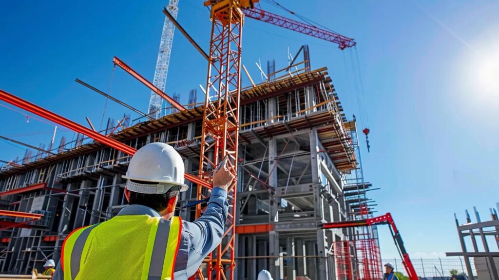 A wide, dramatic, and professional photograph of a partially completed commercial skyscraper or large industrial warehouse in Oklahoma City. The foreground features a construction supervisor (wearing a clean hardhat and safety vest) pointing to a complex technical blueprint with a small team of certified ironworkers and a red crane visible in the background, carefully lifting a large steel beam against a clear blue sky. The image should convey precision, large-scale construction, and partnership.