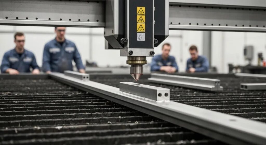 A bright, high-tech shot inside a clean metal fabrication shop. Focus on a piece of equipment, such as a CNC laser cutter, creating a precise, intricate custom metal fabrication part (like a custom railing section or mezzanine bracket) out of stainless steel or carbon steel. The background shows blurred workers focusing on precision.