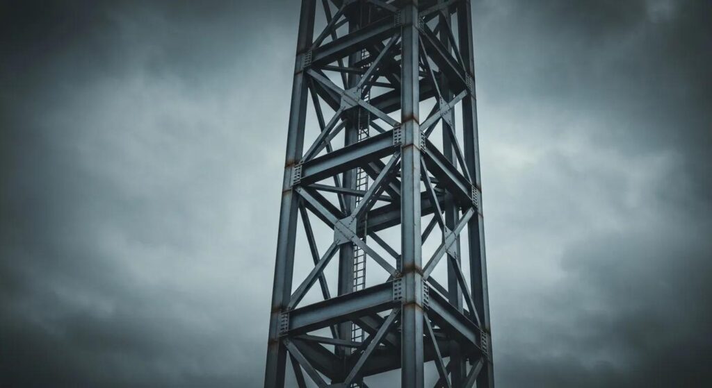 A close-up, dramatic shot of a canopy construction steel support column being anchored to a concrete foundation. A small, stylized tornado graphic or high-speed wind effect is subtly overlaid near the column base, symbolizing the need for superior wind load engineering. The image emphasizes strength, foundation, and local code resilience.