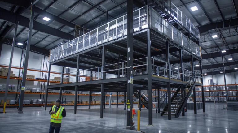 Mezzanine floor installation/finished platform showcasing maximized space. Prompt: A wide-angle, highly detailed, professional photograph of a large, clean, modern commercial warehouse interior in Oklahoma City (OKC). The main focus is a newly installed, multi-story structural steel mezzanine floor, clearly illustrating two levels of usable space. The bottom level should show industrial shelving or equipment, while the top level features a designated, well-lit office space with sleek glass panel railings. A construction worker in a safety vest stands near a steel staircase, reviewing a blueprint. The overall aesthetic is professional, safe, and brightly lit, symbolizing 'Unlocking Hidden Space.'