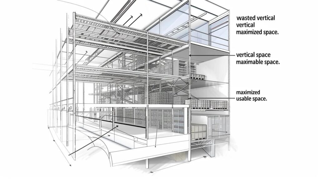 A clean, illustrative architectural drawing/rendering showing a cross-section of a tall warehouse. One side of the warehouse has a simple floor, and the other side shows a freestanding structural steel mezzanine platform with pallet gates and a safety handrail, visually dividing the vertical space into two levels for storage and operations. Text overlay or label pointing to the "wasted vertical space" and then to the "maximized usable space."
