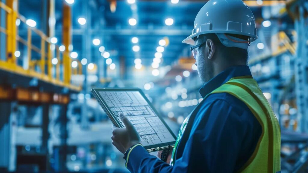 A dynamic, fast-paced photo montage focusing on the stages of mezzanine installation. In the foreground, show a close-up of a project manager pointing to a structural blueprint overlaid on a tablet. In the background, show a blurred, active scene of structural steel contractors wearing safety gear, carefully using a small mobile crane or forklift to lift a pre-fabricated steel beam into place inside a warehouse.