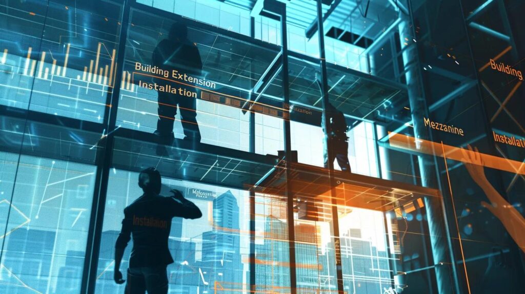 A conceptual image featuring a set of mezzanine floor contractors working on a spreadsheet with a bar graph showing two options: a short, expensive bar labeled "Building Extension" and a tall, much lower bar labeled "Mezzanine Installation." Include a stylized background element of the Oklahoma City skyline seen through a window, symbolizing local market intelligence and cost-effectiveness.