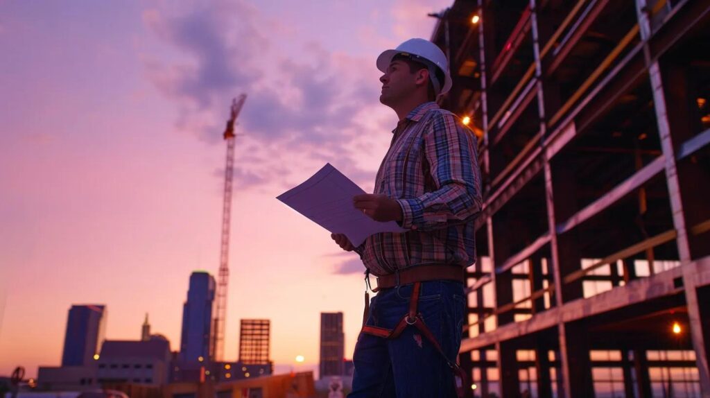 A wide-angle, cinematic photograph of the Oklahoma City skyline at dusk, with a sleek, modern commercial metal building taking prominence in the foreground. A skilled, safety-geared foreman stands confidently in front of the building, holding a blueprint, symbolizing leadership and expertise. The lighting is warm and professional, highlighting the structural steel frame and the 'Metal Contractors' logo subtly embossed on the hard hat. Architectural photography style.